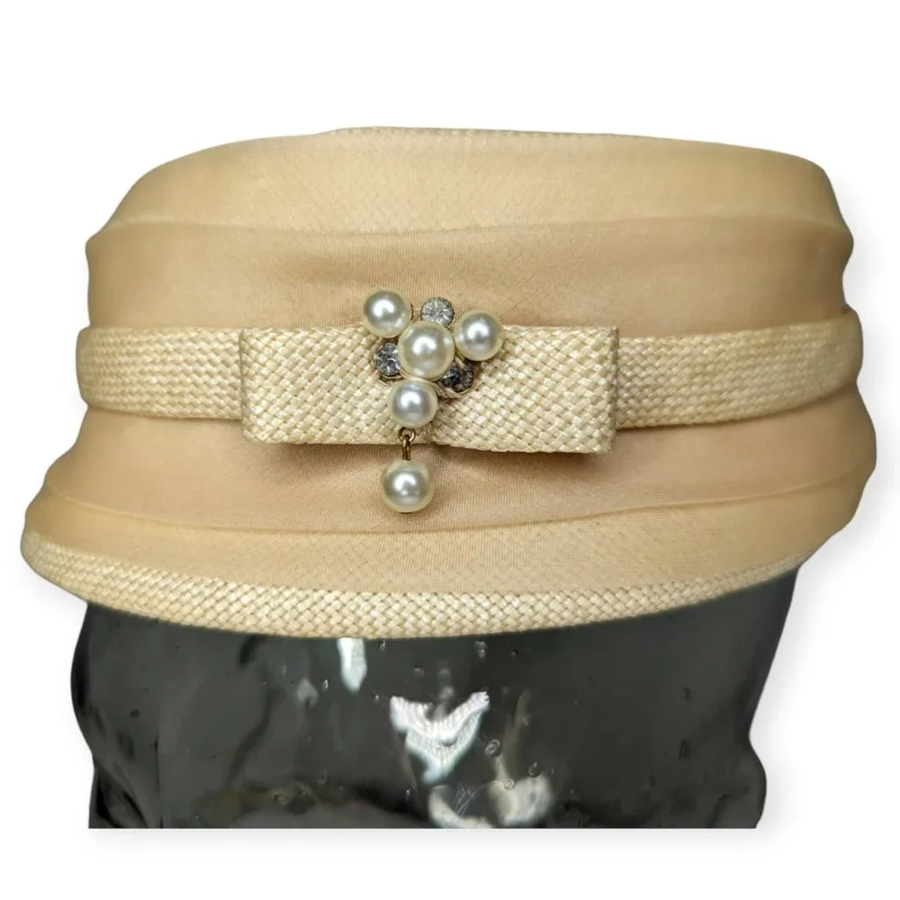 Vintage Ivory Pill Box Hat with Faux Pearl Accent - Picture 5 of 11